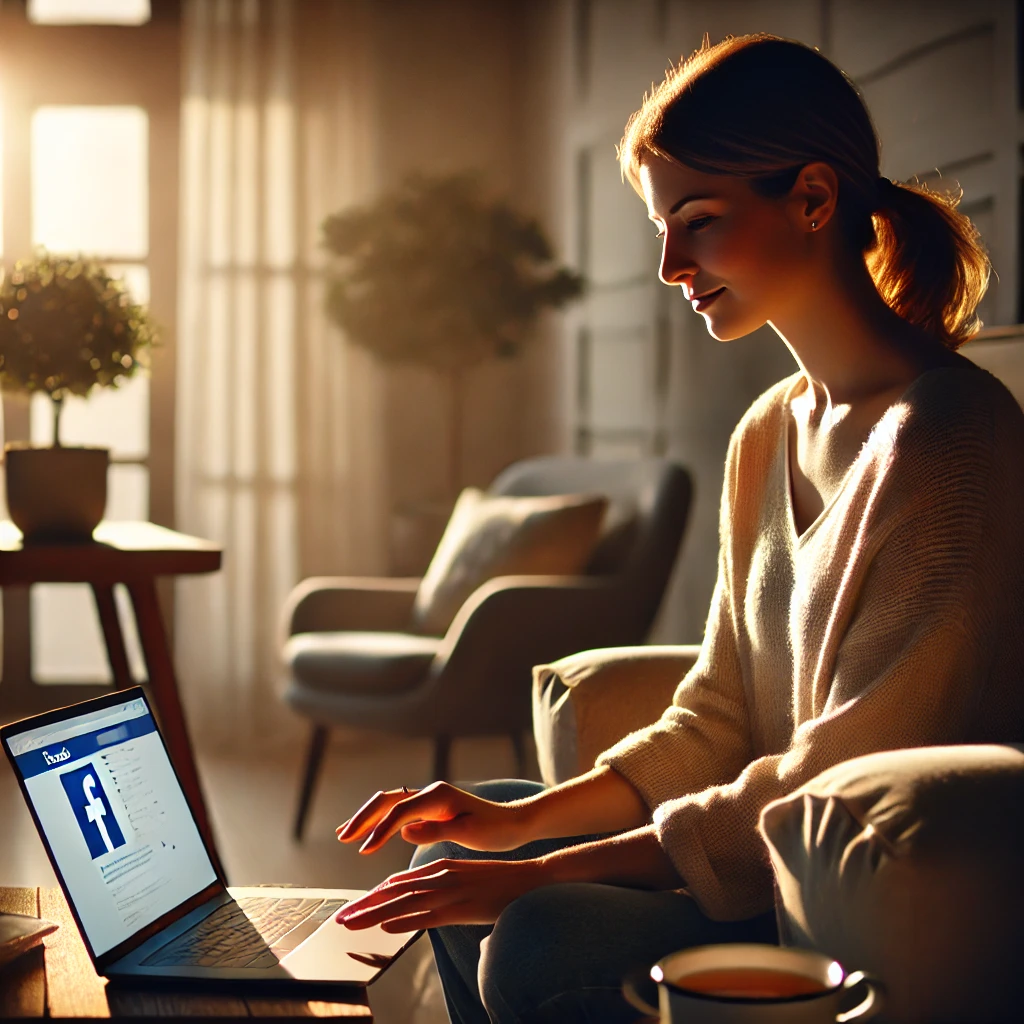 DALLE_2025-01-03_09_16_22_-_A_woman_sitting_in_a_cozy__modern_living_room__illuminated_by_soft_natural_light__She_is_casually_browsing_Facebook_on_her_laptop__with_a_relaxed_and_.webp